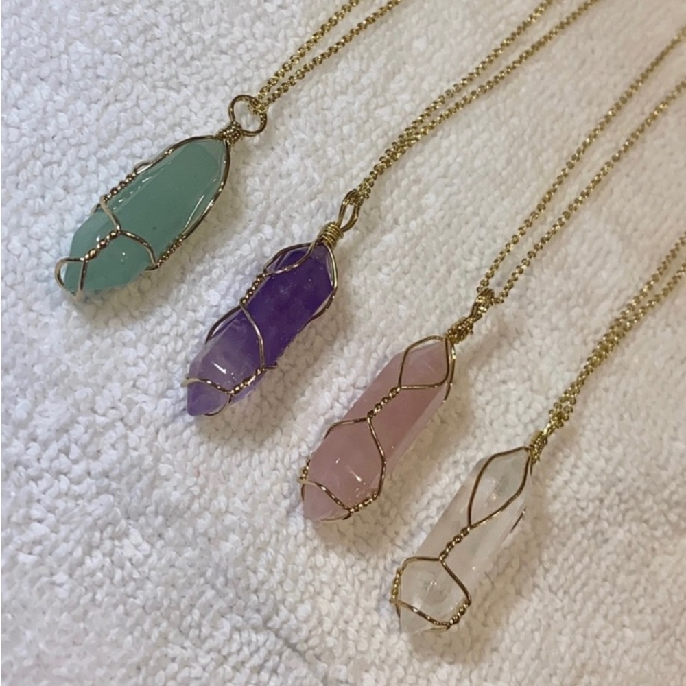Amethyst Crystal Wire Wrapped Gemstone Point Pendant 14K Gold Plated Necklace